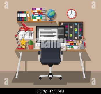 Moderne kreative Büro- oder Arbeitsbereich. Arbeitsplatz mit Computer, Lampe, Uhr, Bücher, Kaffee, Kalender, Stuhl, Schreibtisch und Briefpapier. Schreibtisch mit Busines Stock Vektor