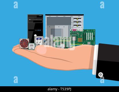 Motherboard, Festplatte, CPU, Grafikkarte, Speicher, Schraubenzieher und Fall. Satz von PC-Hardware in der Hand. PC-Komponenten Symbole. Vektor Stock Vektor