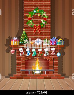 Red Brick klassischen Kamin mit Socken, Weihnachtsbaum, Kerze Bälle Geschenke und Kranz. Frohes neues Jahr Dekoration. Frohe Weihnachten Urlaub. Neues Jahr ein Stock Vektor