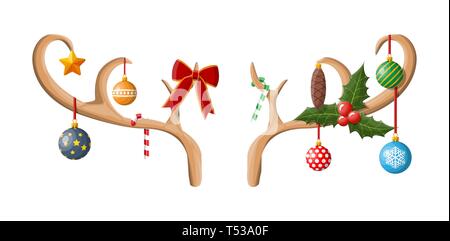 Rentiergeweih mit Kugeln, Bug, Holly. Frohes neues Jahr Dekoration. Frohe Weihnachten Urlaub. Neues Jahr und Weihnachten feiern. Vector Illustration in flachen Stock Vektor