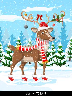 Weihnachten Hintergrund. Hirsche mit geweihen Schal Holly, Bogen, Flitter. Winterlandschaft mit Tannen wald und schneit. Frohes neues Jahr feier. Neue Stock Vektor