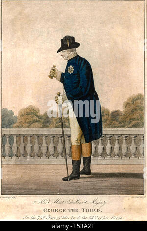 GEORGE III (1738-1820) Zeitgenössische drucken Übersicht der 74-jährige König auf der Terrasse des Buckingham Palace mit einer Glocke für die Aufmerksamkeit Stockfoto