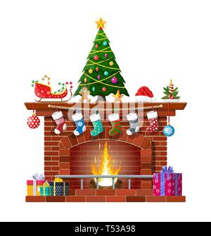 Red Brick klassischen Kamin mit Socken, Weihnachtsbaum, Kerze Bälle Geschenke und Schlitten. Frohes neues Jahr Dekoration. Frohe Weihnachten Urlaub. Neues Jahr ein Stock Vektor
