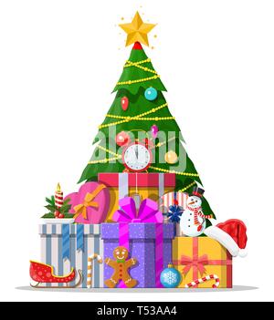 Weihnachtsbaum dekoriert mit bunten Kugeln, girlande Lichter, goldene Sterne. Viele Geschenkboxen. Fichte, immergrüner Baum. Grußkarte, festliche Poster. Stock Vektor