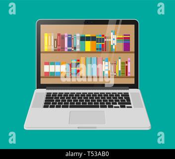 Laptop und Bücherregal. Digitale Bibliothek, online Book Store, e-lesen. Bücherregal mit verschiedenen Büchern. Vector Illustration im flachen Stil Stock Vektor