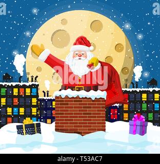Weihnachtsmann mit Sack mit Geschenken im Haus Schornstein, Geschenkboxen im Schnee. Frohes neues Jahr Dekoration. Frohe Weihnachten Urlaub. Neues Jahr und Weihnachten celebr Stock Vektor