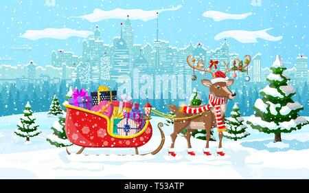 Santas Rentiere Schlittenfahrt mit Geschenken. Weihnachten Winter Stadtbild, Schneeflocken und Bäumen. Frohes neues Jahr Dekoration. Frohe Weihnachten Urlaub. Neues Jahr und Stock Vektor