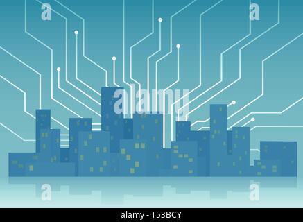 Smart City Konzept. Vector Template mit Wolkenkratzer skyline gesteuert und durch die moderne digitale Technik verschaltet. Stock Vektor