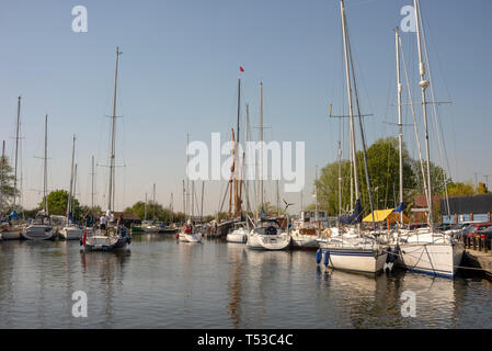 Yacht mit dem Namen Moonshine unter Strom auf Chelmer und Blackwater Navigation auf Heybridge Basin, Essex, Großbritannien auf einem hellen, sonnigen Tag. Angelegte Boote, Yachten Stockfoto