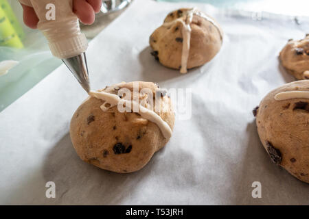 Hausgemachte Hot Cross Buns auf ein Backblech. Stockfoto