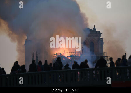 *** Frankreich / STRENG KEINE VERKÄUFE IN DEN FRANZÖSISCHEN MEDIEN *** April 15, 2019 - Paris, Frankreich: Pariser auf einer Brücke zusehen, wie ein großes Feuer brennt in der Kathedrale Notre Dame von Paris. Stockfoto