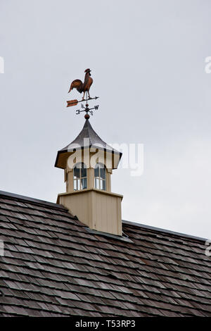 Kuppel auf eine Scheune Turm mit einem kupfernen Hahn Wetterfahne Stockfoto