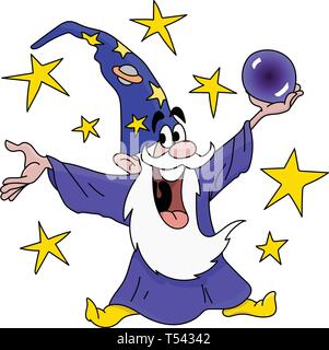 Cartoon Magier Holding eine Kristallkugel in Händen Vector Illustration Stock Vektor