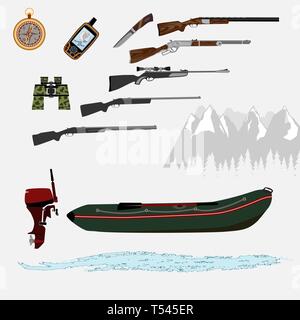 Einen Satz von Elementen für einen aktiven Lebensstil. Für die Jagd und wandern in der Natur in einer guten Gesellschaft von Gleichgesinnten. Stock Vektor
