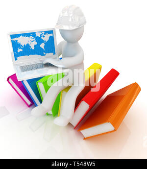 3d Mann in harten Hut sitzen auf Bücher und Arbeiten an seinem Laptop auf weißem Hintergrund Stockfoto