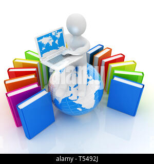 3d Mann sitzt auf der Erde und der Arbeit an seinem Laptop und Bücher um seine auf weißem Hintergrund Stockfoto