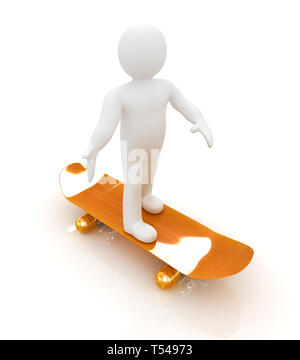 3D weiße Person mit einem Skate und eine Kappe. 3D-Bild auf weißem Hintergrund Stockfoto