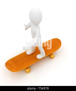 3D weiße Person mit einem Skate und eine Kappe. 3D-Bild auf weißem Hintergrund Stockfoto