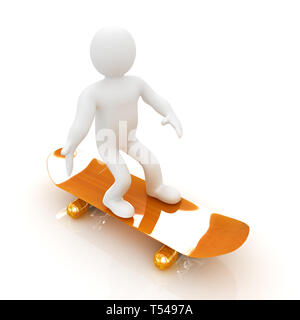 3D weiße Person mit einem Skate und eine Kappe. 3D-Bild auf weißem Hintergrund Stockfoto