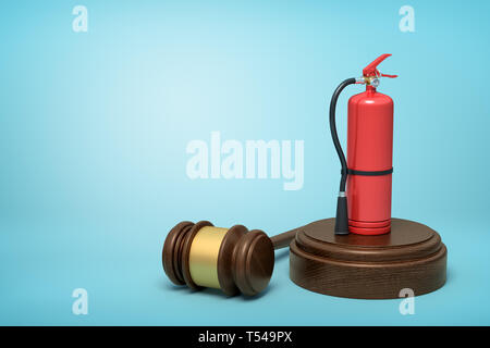 3D-Rendering von roten Feuerlöscher stehen auf klingende Satz mit Hammer neben auf hellblauen Hintergrund mit kopieren. Stockfoto