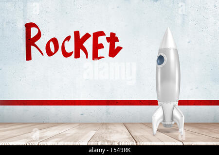 3D-Rendering von White Silver Rocket auf weißem Holzboden mit RED ROCKET Zeichen oben Stockfoto