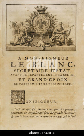 Geschichte von polybius. Band I Französische Ausgabe aus dem Griechischen von Dom Vincent Thuillier übersetzt. Kommentare der militärischen Wissenschaft angereichert mit kritischen und historische Notizen von M. de Folard. Paris, Chez Pierre Gandouin, Julien-Michel Gandouin, pierre-francois Giffart und Nicolas-Pierre Armand, 1727. Drucken von Jean-Baptiste Lamesle. Zu Monseigneur Le Blanc, der Staatssekretär. Stockfoto