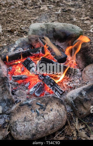 Schönes Lagerfeuer in einer Feuerstelle auf einem Campingplatz im Wald Stockfoto