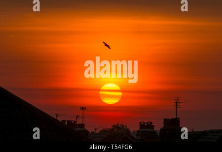 London, Großbritannien. 20. April 2019. Sonne über den Dächern in einer klaren orange sky nach einem Tag mit wolkenlosem Himmel und steigende Temperaturen im Sommer während der Osterferien. Credit: Malcolm Park/Alamy Leben Nachrichten. Stockfoto