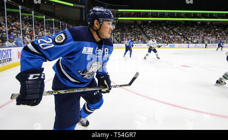 Jacksonville, USA. 19 Apr, 2019. Jacksonville Eisgruben steigt vorwärts Wacey Kaninchen (20) während der zweiten Periode von ein echl Professional Hockey Endspiel Spiel gegen die Florida Everblades am Veterans Memorial Arena in Jacksonville, Fla., Freitag, 19 April, 2019. (Gary Lloyd McCullough/Cal Sport Media) Credit: Cal Sport Media/Alamy leben Nachrichten Stockfoto