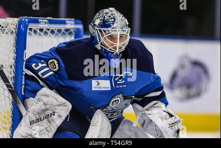 Jacksonville, USA. 19 Apr, 2019. Jacksonville Eisgruben steigt Torwart Michail Berdin (30) während des zweiten Zeitraums von ein echl Professional Hockey Endspiel Spiel gegen die Florida Everblades am Veterans Memorial Arena in Jacksonville, Fla., Freitag, 19 April, 2019. (Gary Lloyd McCullough/Cal Sport Media) Credit: Cal Sport Media/Alamy leben Nachrichten Stockfoto