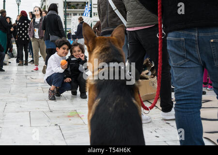 Athen, Attika, Griechenland. 21 Mai, 2019. Flüchtlingskinder werden gesehen vor einem Hund am Syntagma Platz nach der Vertreibung posieren. Flüchtlinge auf Bussen begeben Sie sich in die Lager nach 2 Tag Camping am Syntagma-Platz übertragen werden, die nach ihrer Vertreibung aus einem Gebäude verlassen in Exarchia, in Athen. Credit: Nikos Pekiaridis/SOPA Images/ZUMA Draht/Alamy leben Nachrichten Stockfoto