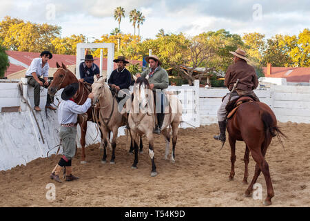 Montevideo, Uruguay. 20 Apr, 2019. Gauchos (Cowboys) gesehen reiten Pferde während der Woche Ciolla ''''Rodeo in Montevideo. Jeder April seit 1925, die Criolla Woche Festival in Montevideo, wo Gaucho (Cowboy) Fahrt wilde Pferde gefeiert wird Tradition des Landes zu verewigen. Neben dem Rodeo show gibt es mehrere Musicals und die traditionelle Gastronomie. Credit: Mauricio Zina/SOPA Images/ZUMA Draht/Alamy leben Nachrichten Stockfoto