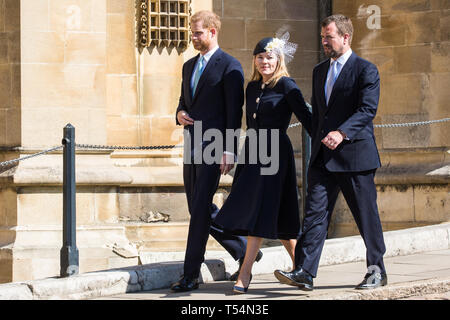 Windsor, Großbritannien. 21. April 2019. Der Herzog von Sussex und Peter und Herbst Phillips kommen am Ostersonntag Mattins Service in der St. George's Chapel in Windsor Castle zu besuchen. Credit: Mark Kerrison/Alamy leben Nachrichten Stockfoto