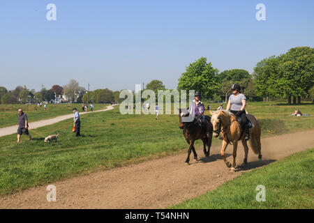 London, Großbritannien. 21 Apr, 2019. Reiter genießen Sie reiten auf einem sonnigen und warmen Ostersonntag auf Wimbledon Common Credit: Amer ghazzal/Alamy leben Nachrichten Stockfoto