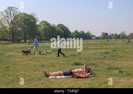 London, Großbritannien. 21 Apr, 2019. Ein Mann beim Sonnenbaden auf einer sonnigen und warmen Ostersonntag auf Wimbledon Common Credit: Amer ghazzal/Alamy leben Nachrichten Stockfoto