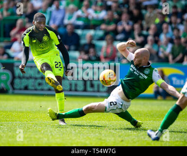 Easter Road Stadium, Edinburgh, Midlothian, Großbritannien. 21 Apr, 2019. Ladbrokes schottischen Premiereship - Hibernian v Celtic. Bild zeigt: Celtic der Französischen Stürmer, Odsonne Edouard, schießt für Ziel in der ersten Hälfte als Hibs spielen Wirt zu Celtic bei Easter Road Stadium, Edinburgh Credit: Ian Jacobs/Alamy leben Nachrichten Stockfoto