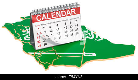 Schreibtisch Kalender auf der Karte von Saudi-arabien. 3D-Rendering auf schwarzem Hintergrund Stockfoto