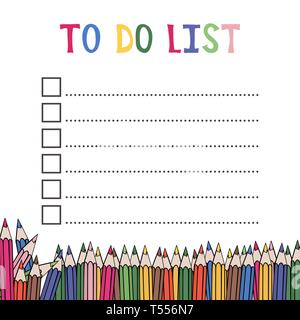 , Um Liste zu tun. Design mit Buntstiften. Vector Illustration. Leere Checkliste. Stock Vektor