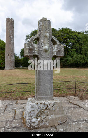 Der Stein hohe Kreuz und runder Turm, Kilree Klosteranlage mit Kirche Ruinen, County Kilkenny, Irland. Stockfoto