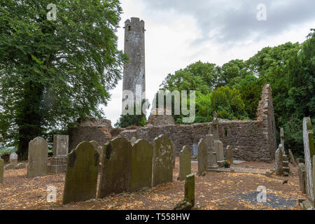 Die Kirchenruine und Stein, runden Turm auf der Kilree Klosteranlage, die mit einem Stein High Cross, County Kilkenny, Irland. Stockfoto