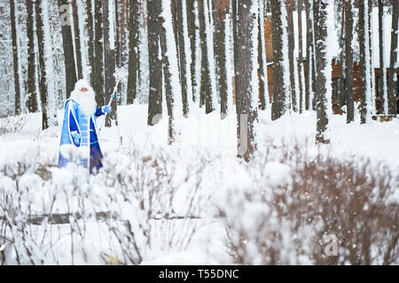 Belarus, die Stadt Gomel, am 23. Dezember, 2017. Forest Village. Der Urlaub von Weihnachten. Vater Frost Russisch. Verschneite Wälder mit Santa Claus Stockfoto