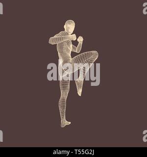 Kickbox Fighter vorbereiten, führen Sie einen High Kick. Fitness, Sport, Training und Martial Arts Konzept. 3D-Modell des Menschen. Menschlichen Körper. Design Element. Vect Stock Vektor