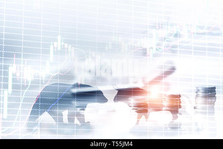 Finanzielle und geschäftliche Abstrakt Hintergrund mit Kerze Lager Grafik. Bulle und Bär Konzept Händler Konzept. Stockfoto