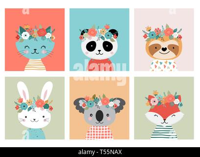 Süße Tiere Köpfe mit blume Krone, Vektorgrafiken für das Kinderzimmer Design, Poster, Geburtstag Grußkarten. Panda, Lama, Fox, Koala, Katze, Hund Stock Vektor