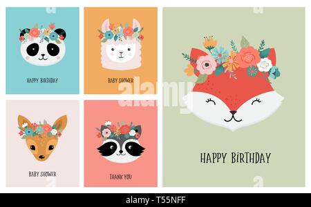 Süße Tiere Köpfe mit blume Krone, Vektorgrafiken für das Kinderzimmer Design, Poster, Geburtstag Grußkarten. Panda, Lama, Fox, Koala, Katze, Hund Stock Vektor