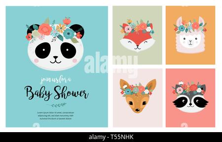 Süße Tiere Köpfe mit blume Krone, Vektorgrafiken für das Kinderzimmer Design, Poster, Geburtstag Grußkarten. Panda, Lama, Fox, Koala, Katze, Hund Stock Vektor