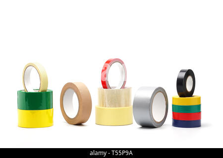 Farbigem Klebeband, Klebeband isoliert, Klebstoffe, Zubehör für zu Hause und bei der Arbeit Gebäude Repair Tool. Stockfoto