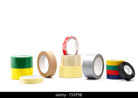 Farbigem Klebeband, Klebeband isoliert, Klebstoffe, Zubehör für zu Hause und bei der Arbeit Gebäude Repair Tool. Stockfoto