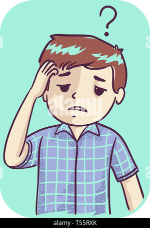 Abbildung: ein Kind Junge mit schlechtem Gedächtnis Kratzen seinen Kopf mit Fragezeichen Stockfoto