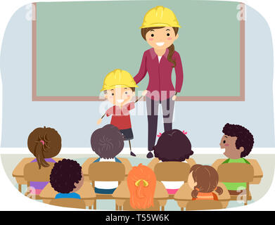 Abbildung: Stickman Kinder im Klassenzimmer mit Mutter und Kind tragen gelbe Bau Schutzhelm Stockfoto